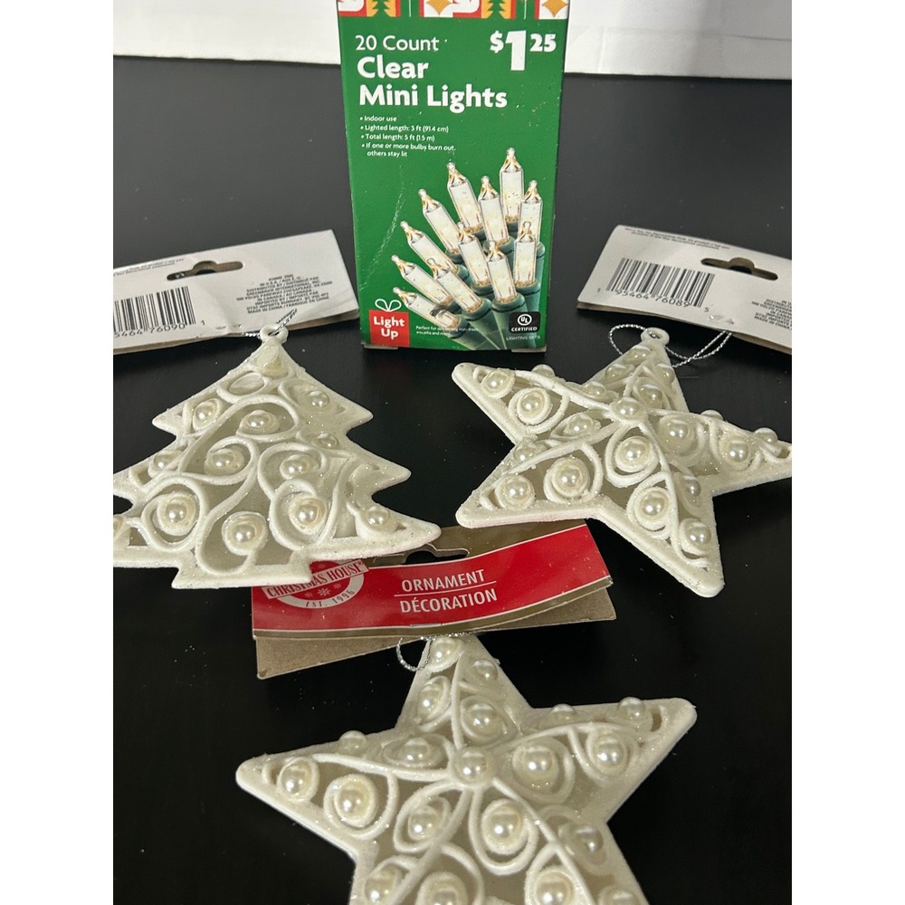Christmas Ornament Light Set Holiday White Glitter Faux Pearl Christmas House